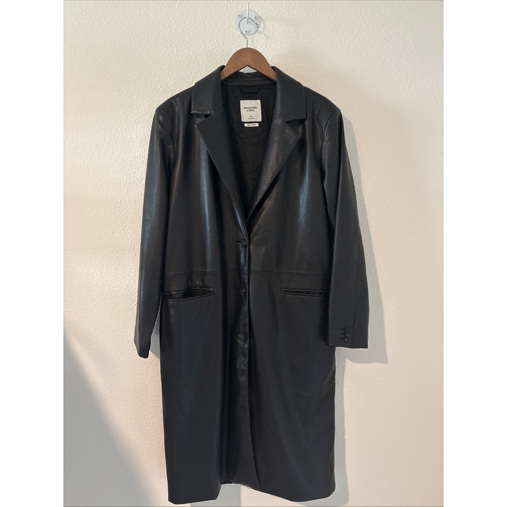 Abercrombie & Fitch Black Vegan Leather Longline Minimalist Trench Jacket XL